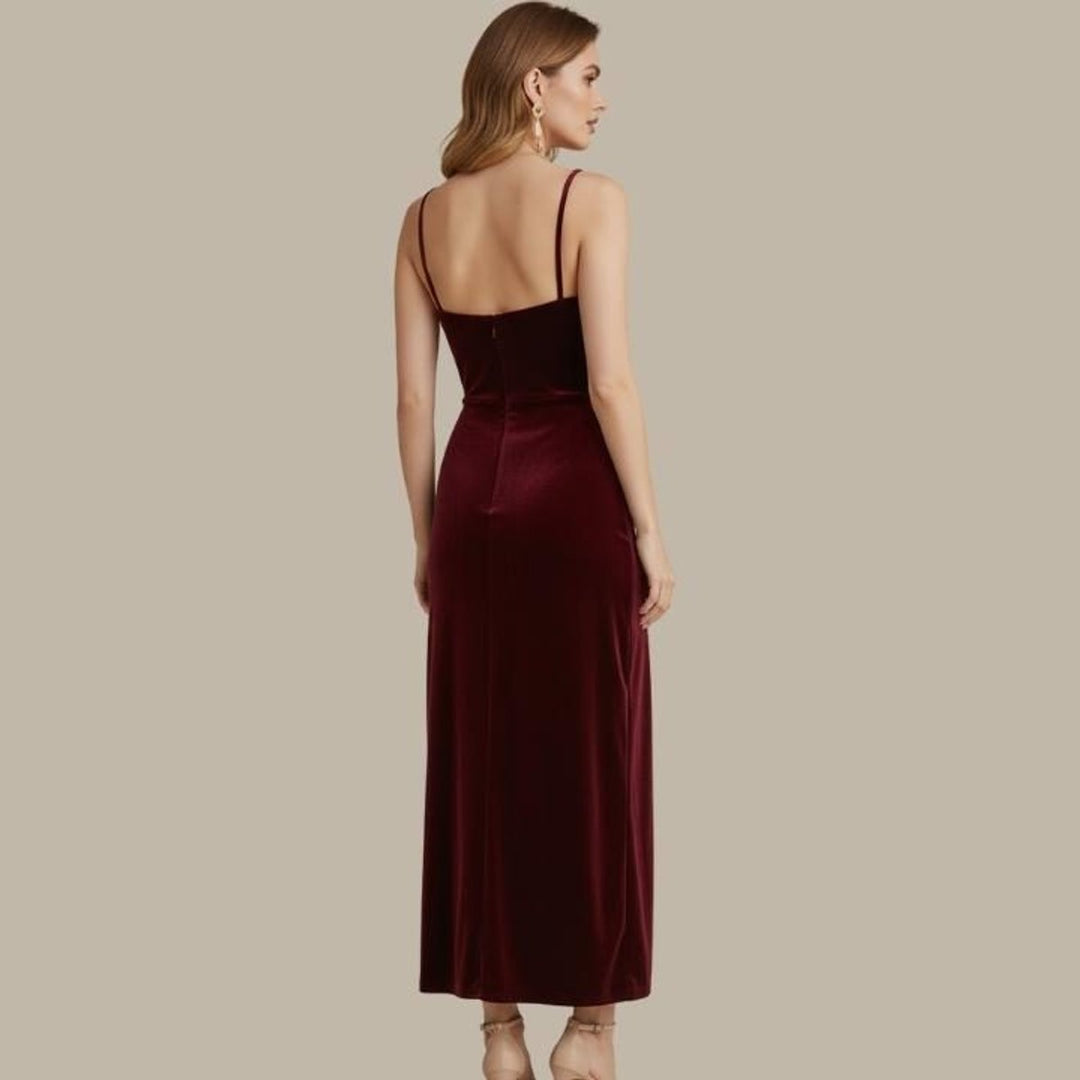 Women's Velvet Slim-Fit Cowl-Neck Midi Formal Dress High Slit