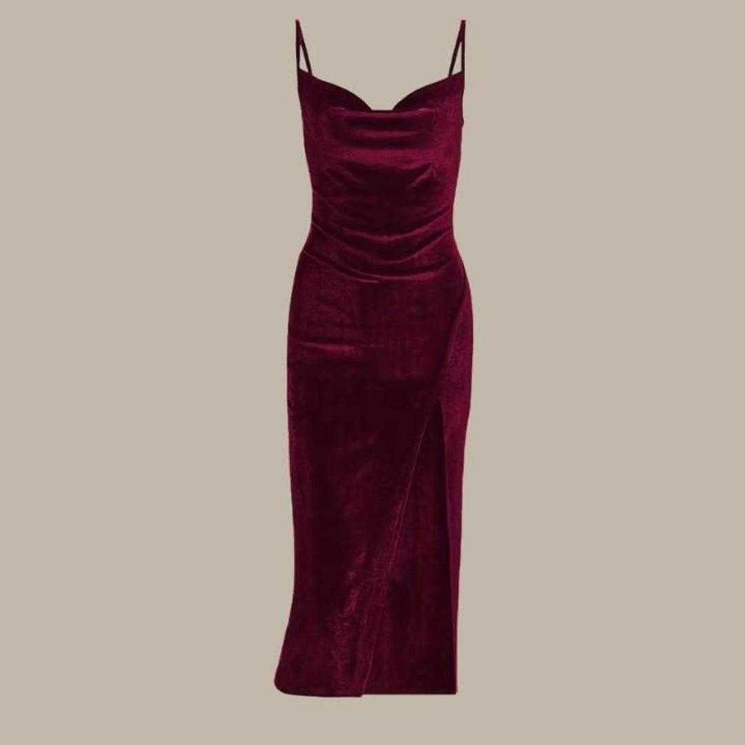 Women's Velvet Slim-Fit Cowl-Neck Midi Formal Dress High Slit