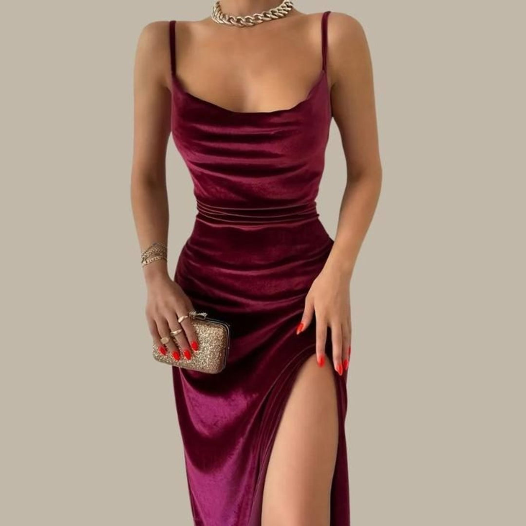 Women's Velvet Slim-Fit Cowl-Neck Midi Formal Dress High Slit