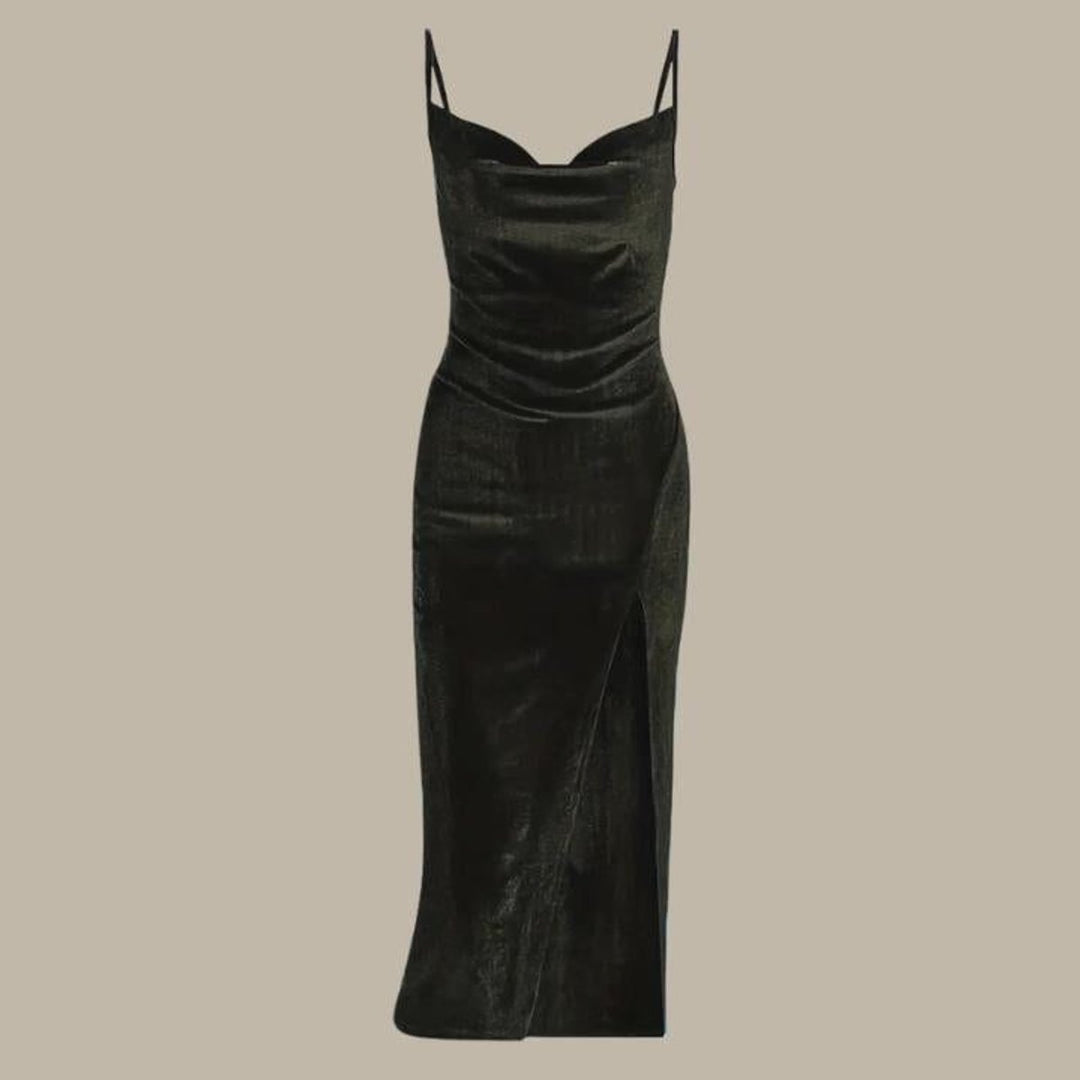 Women's Velvet Slim-Fit Cowl-Neck Midi Formal Dress High Slit