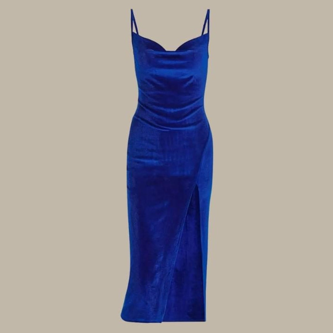 Women's Velvet Slim-Fit Cowl-Neck Midi Formal Dress High Slit