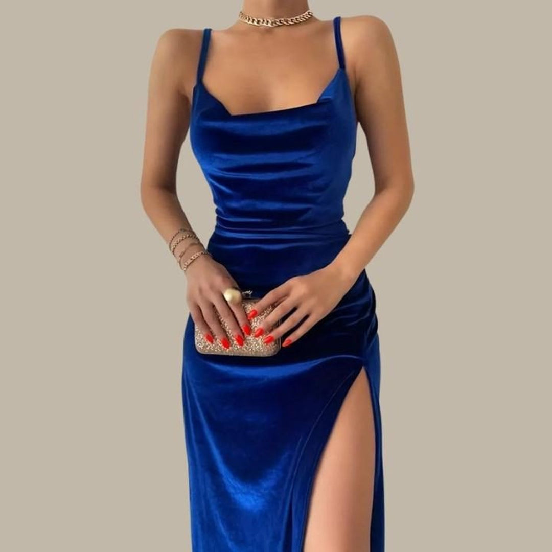 Women's Velvet Slim-Fit Cowl-Neck Midi Formal Dress High Slit