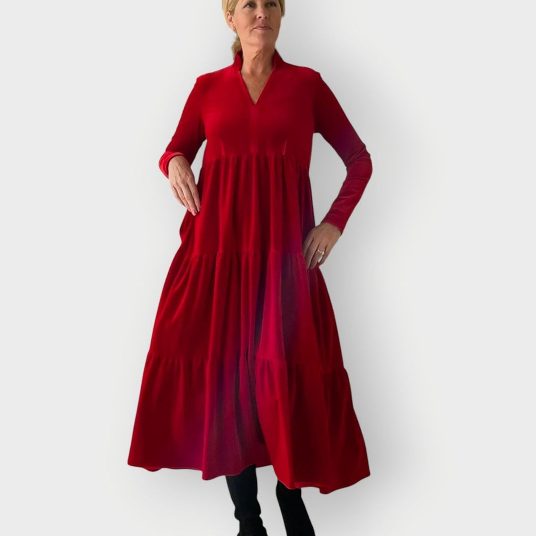 Women's Velvet Tiered Long Sleeve Fall Dress V-Neck Maxi - Red