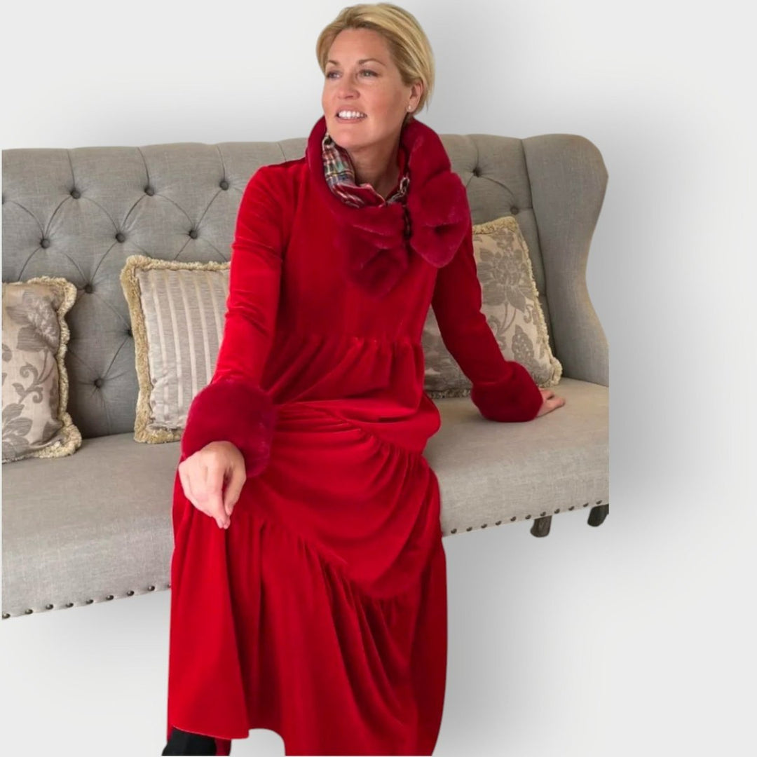 Women's Velvet Tiered Long Sleeve Fall Dress V-Neck Maxi
