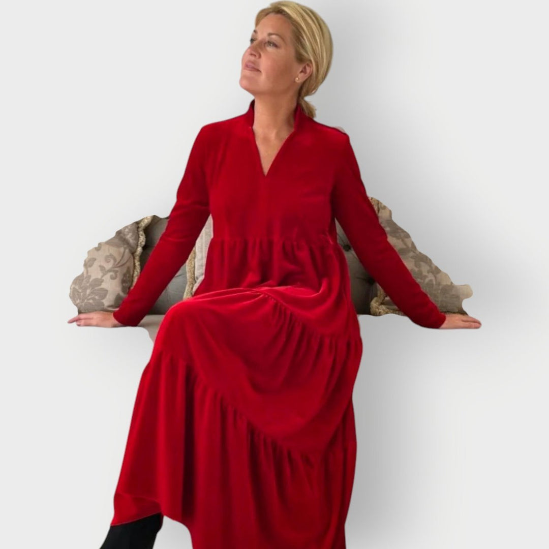Women's Velvet Tiered Long Sleeve Fall Dress V-Neck Maxi