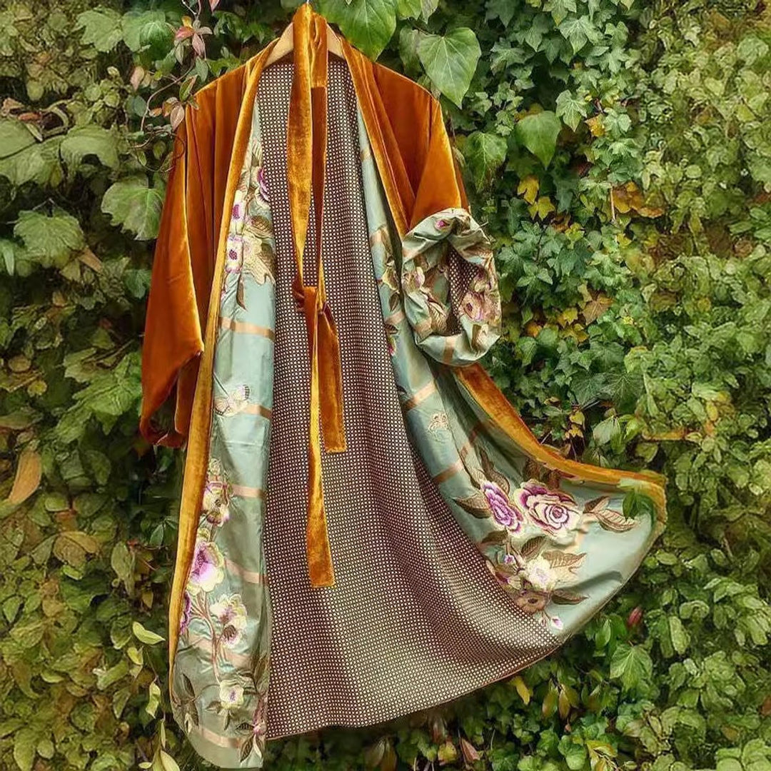 Women's Velvet-Trim Floral Satin Fall Midi Dress Cardigan Robe