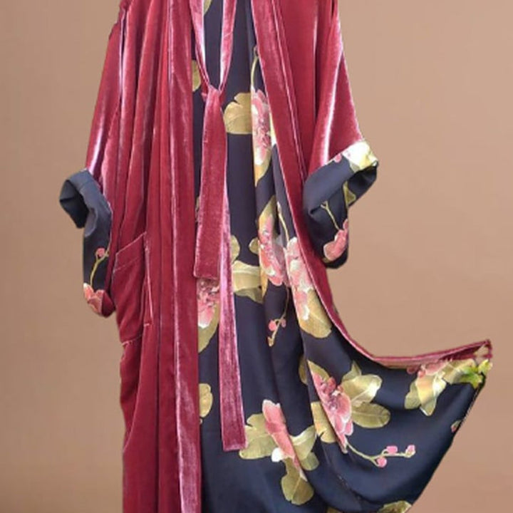 Women's Velvet-Trim Floral Satin Fall Midi Dress Cardigan Robe
