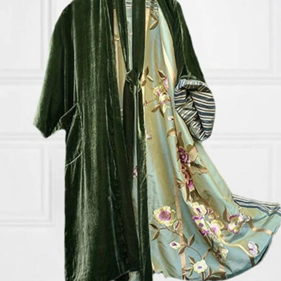 Women's Velvet-Trim Floral Satin Fall Midi Dress Cardigan Robe