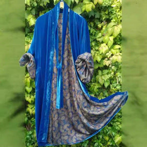 Women's Velvet-Trim Floral Satin Fall Midi Dress Cardigan Robe