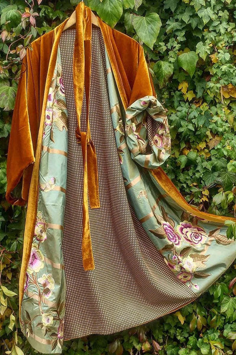 Women's Velvet-Trim Floral Satin Fall Midi Dress Cardigan Robe