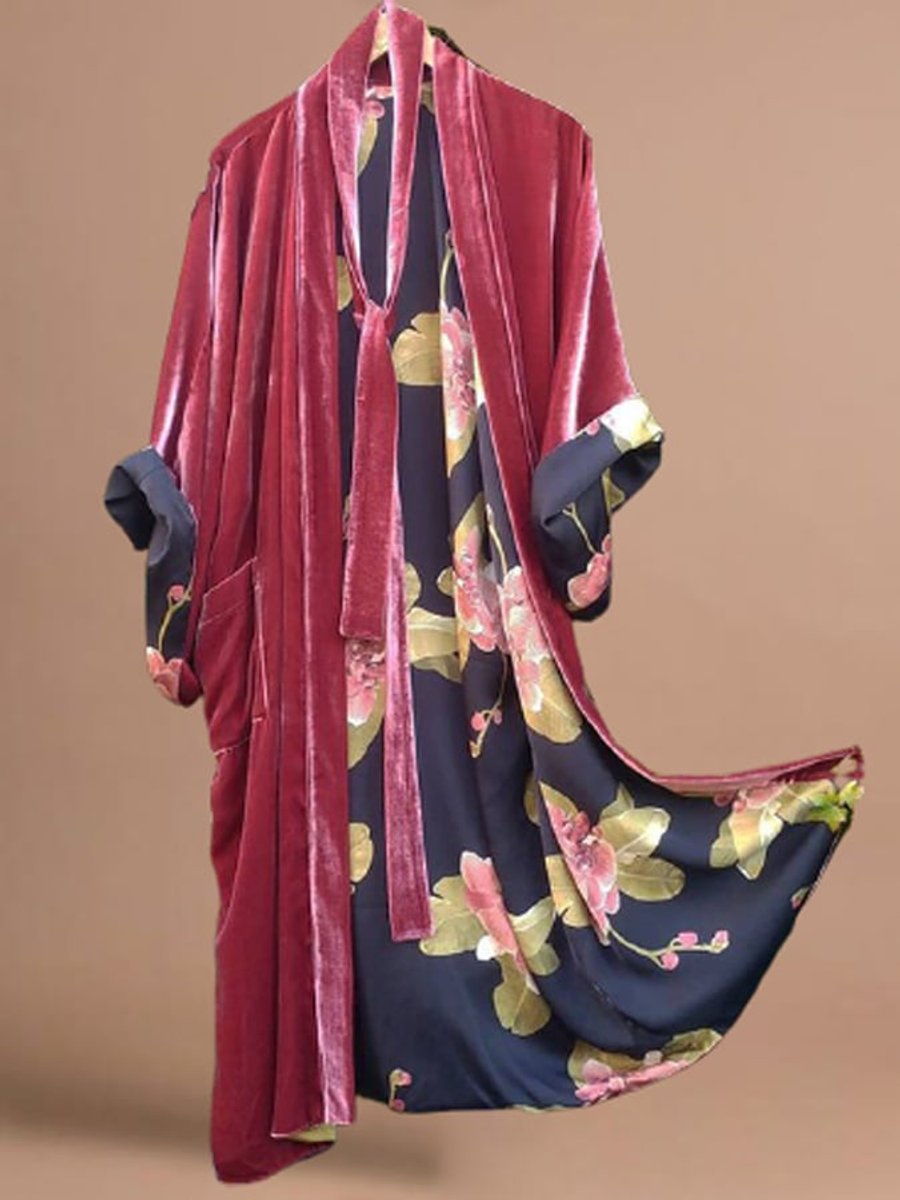 Women's Velvet-Trim Floral Satin Fall Midi Dress Cardigan Robe