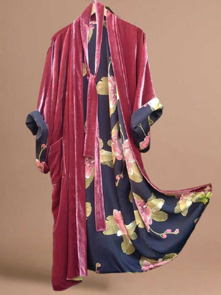 Women's Velvet-Trim Floral Satin Fall Midi Dress Cardigan Robe
