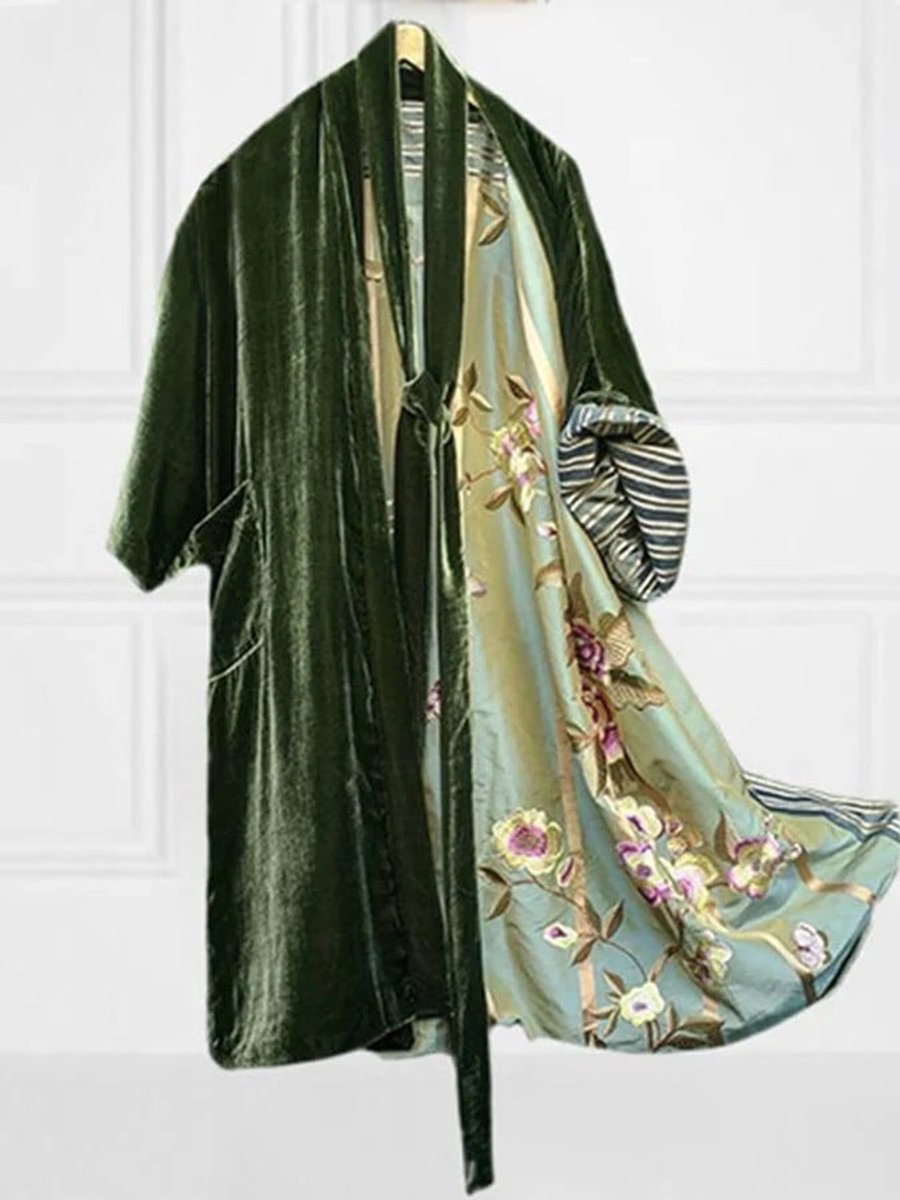 Women's Velvet-Trim Floral Satin Fall Midi Dress Cardigan Robe