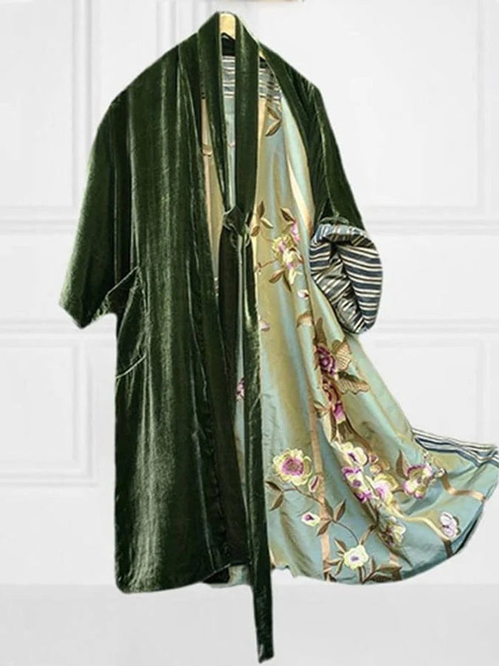Women's Velvet-Trim Floral Satin Fall Midi Dress Cardigan Robe