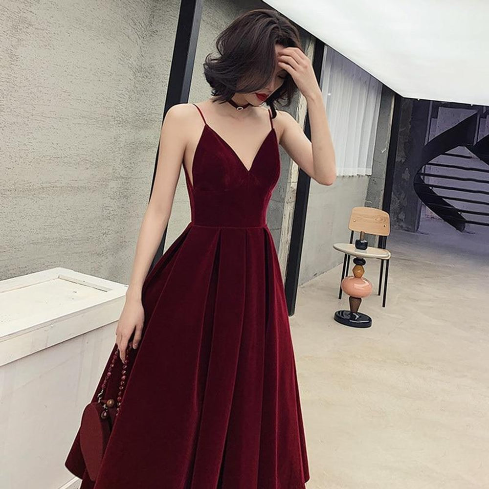Women's Velvet V-Neck Open-Back Fall Midi Dress