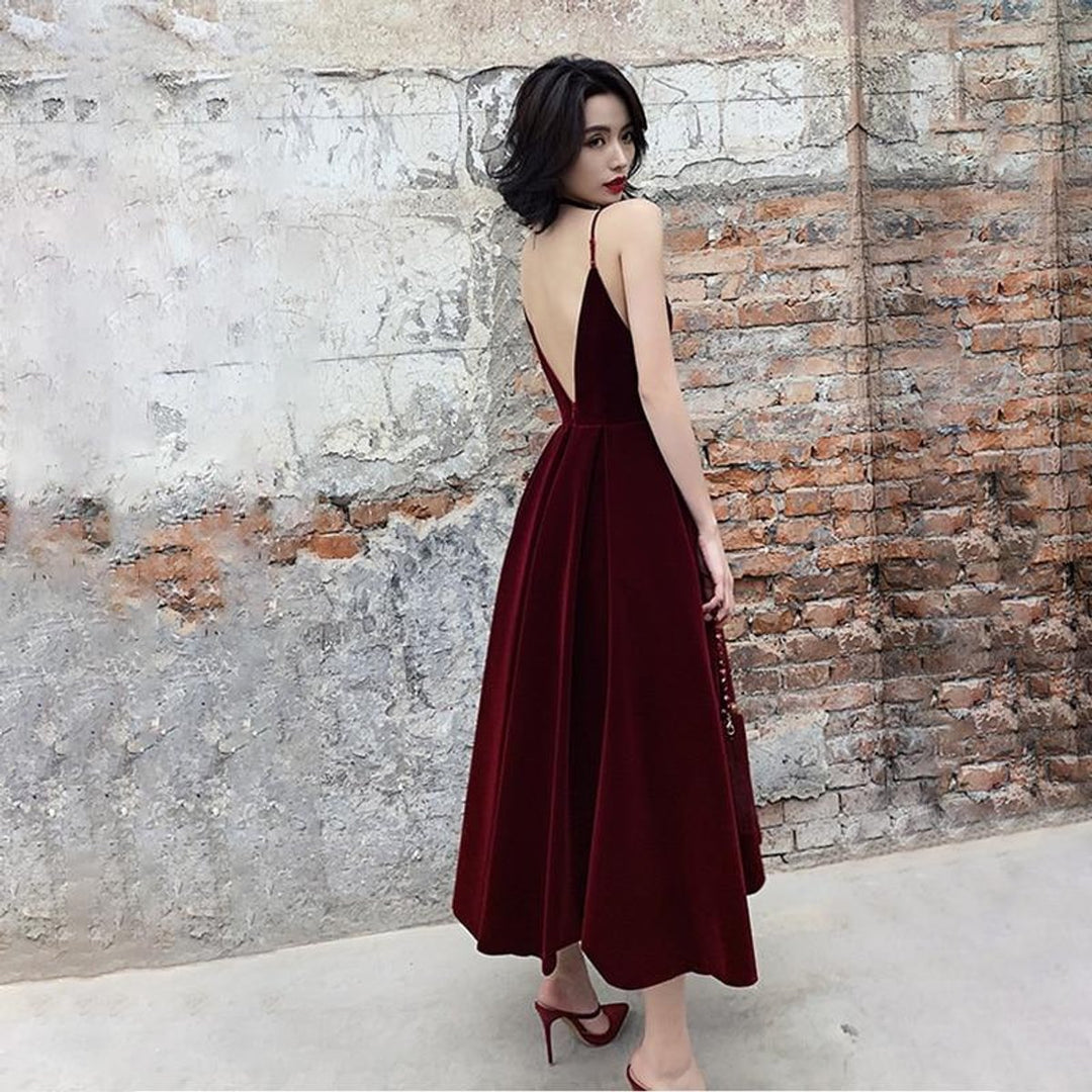 Women's Velvet V-Neck Open-Back Fall Midi Dress