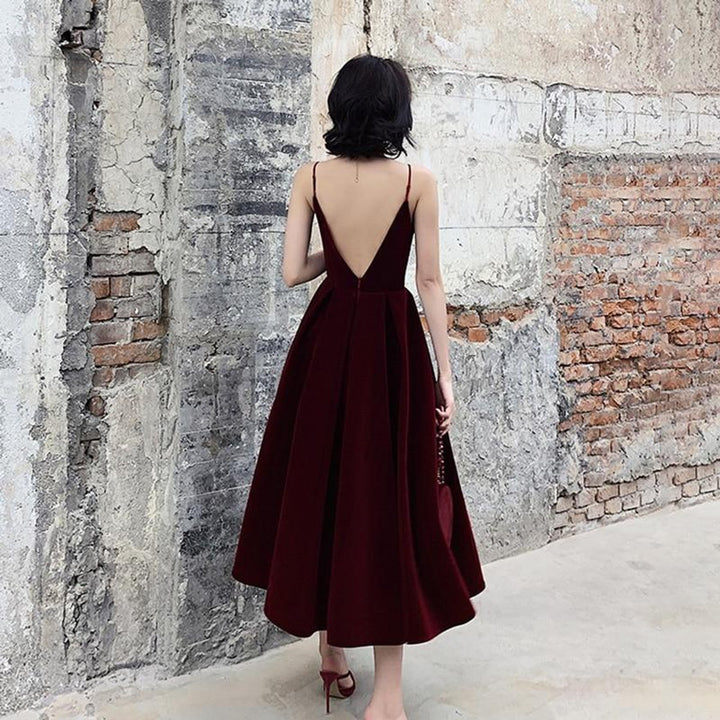 Women's Velvet V-Neck Open-Back Fall Midi Dress
