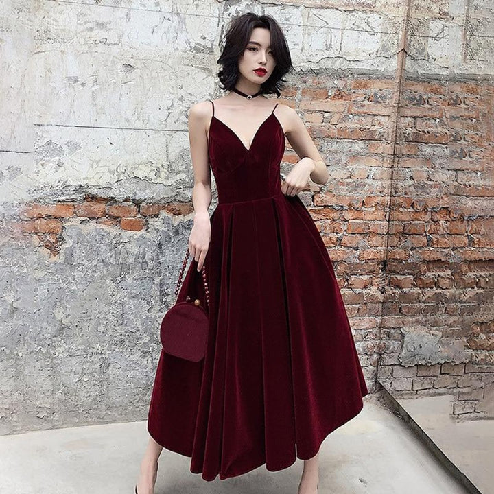 Women's Velvet V-Neck Open-Back Fall Midi Dress