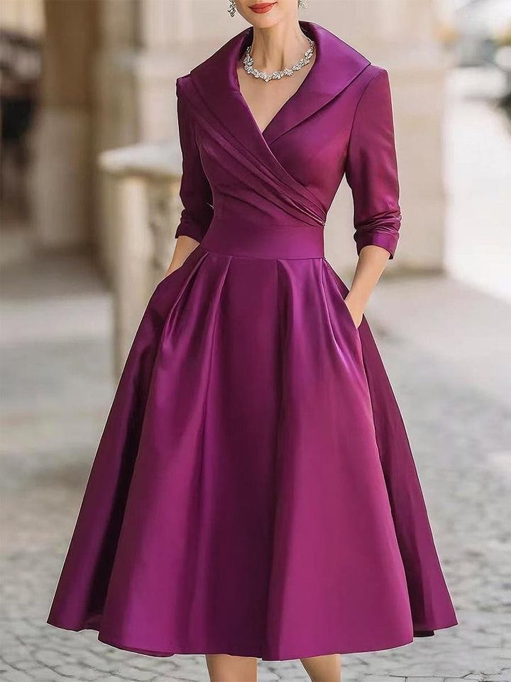 Women's Vintage A-Line Wrap Midi Formal Dress 3/4 Sleeve