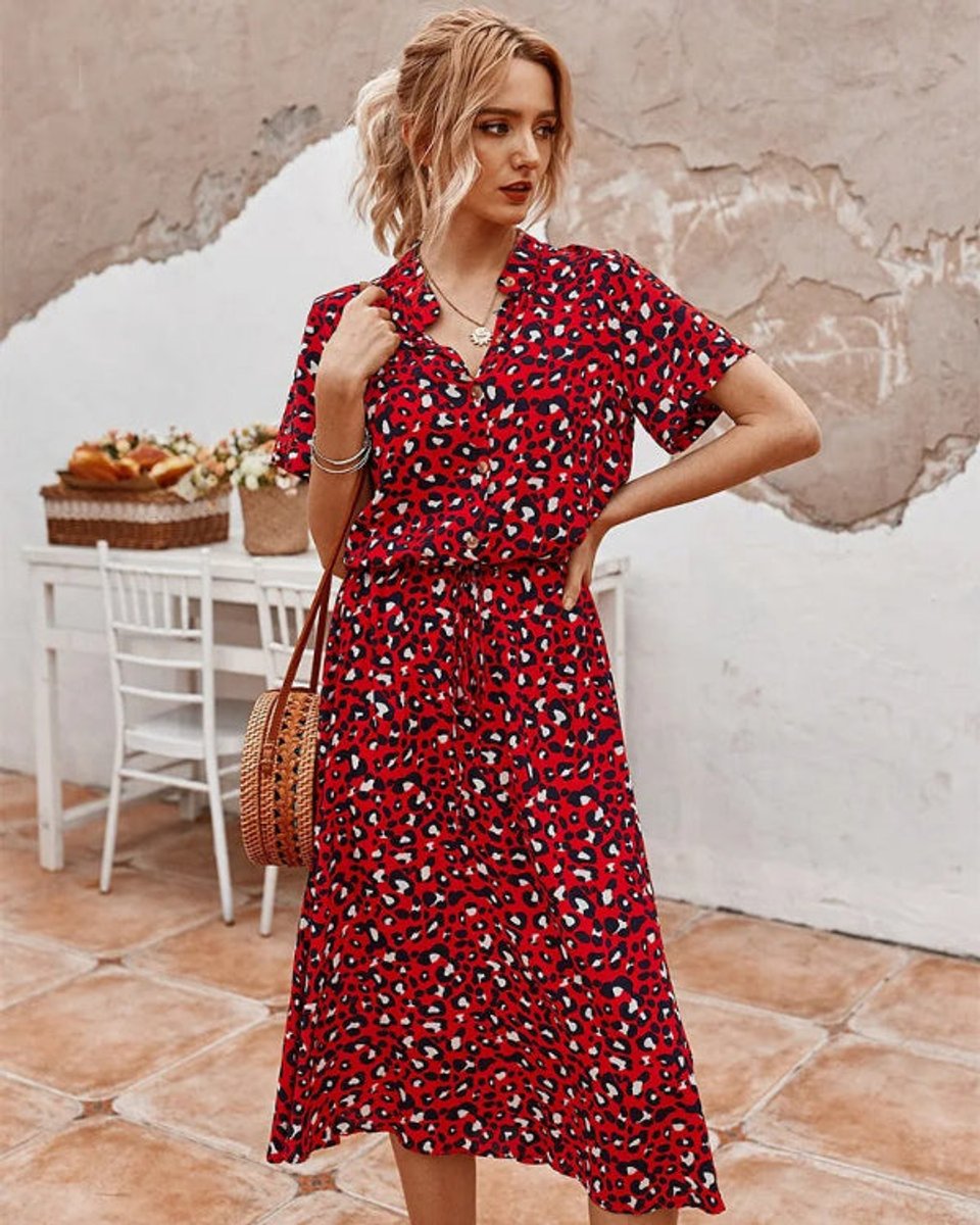 Women's Vintage Dalmatian Print V-Neck Fall Midi Dress