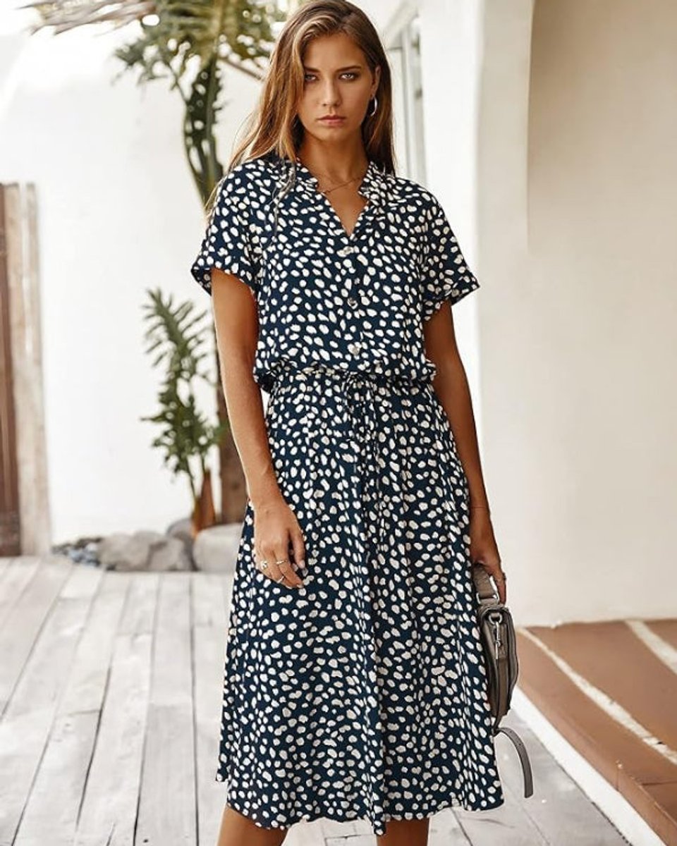 Women's Vintage Dalmatian Print V-Neck Fall Midi Dress