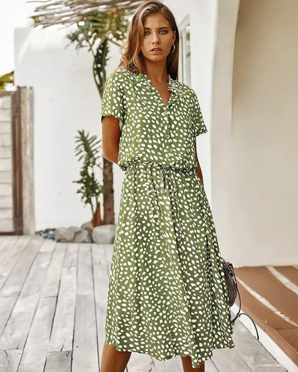 Women's Vintage Dalmatian Print V-Neck Fall Midi Dress