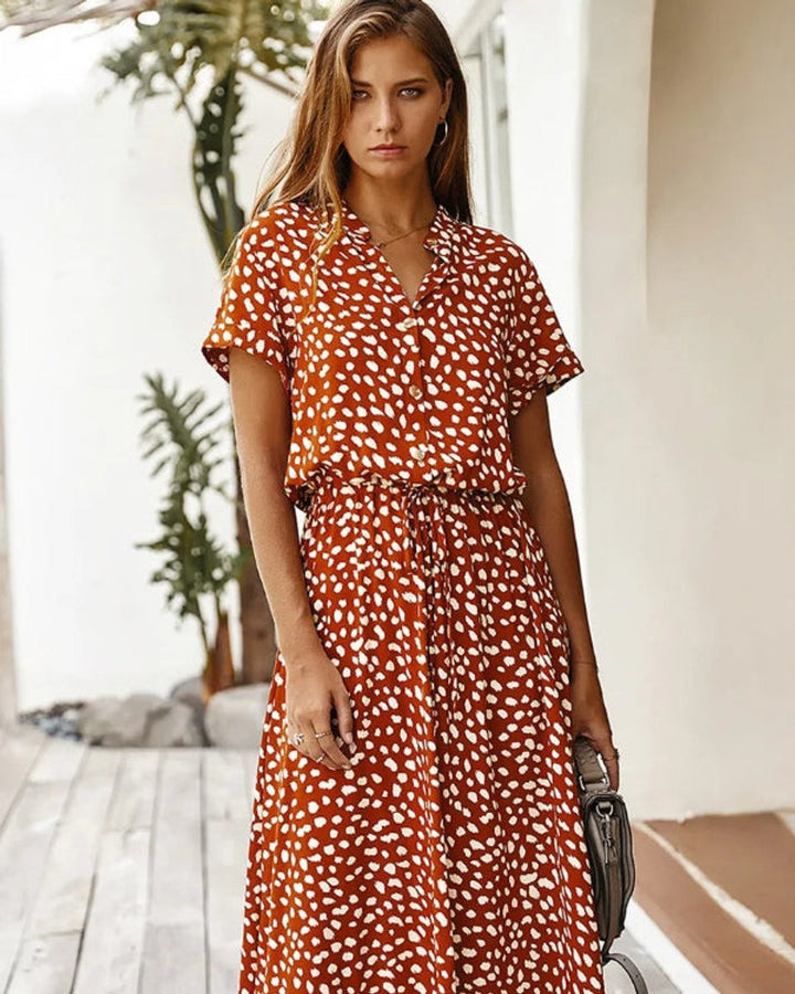 Women's Vintage Dalmatian Print V-Neck Fall Midi Dress