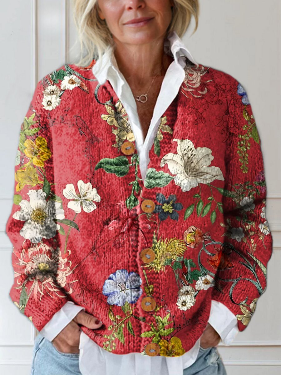Women's Vintage Floral Button-Front Knit Cardigan