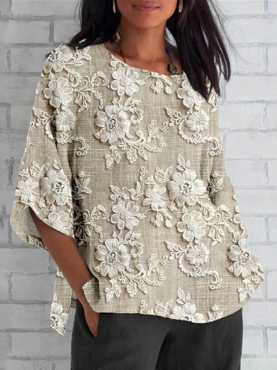 Women's Vintage Floral Embroidered Relaxed-Fit 3/4 Sleeve Blouse