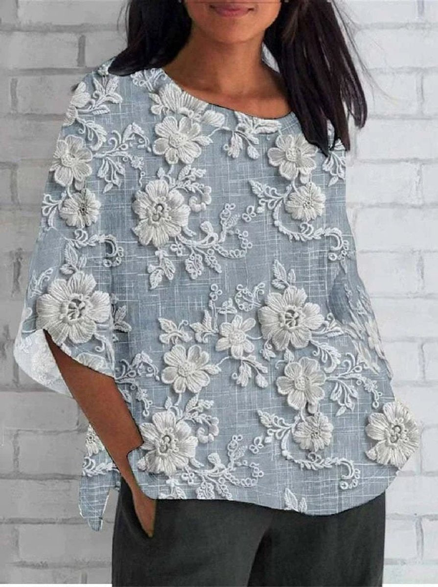 Women's Vintage Floral Embroidered Relaxed-Fit 3/4 Sleeve Blouse