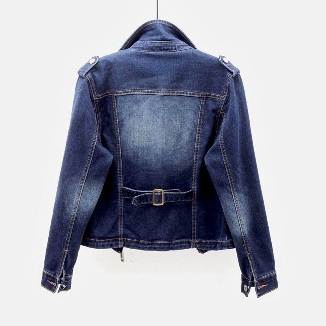Women's Washed Belted Moto-Style Denim Jacket