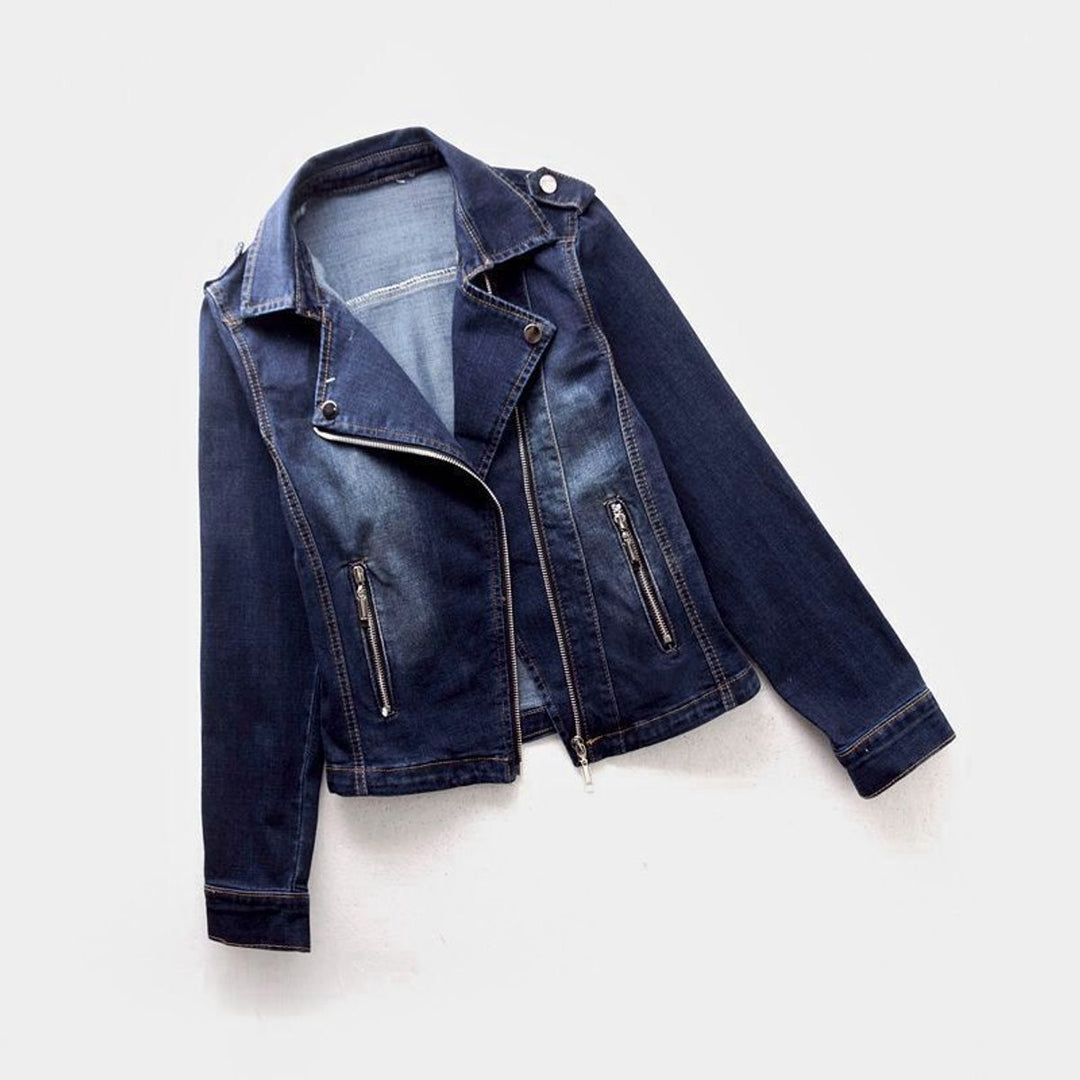 Women's Washed Belted Moto-Style Denim Jacket