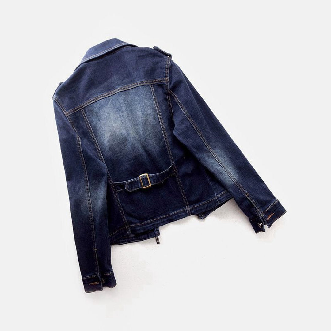 Women's Washed Belted Moto-Style Denim Jacket