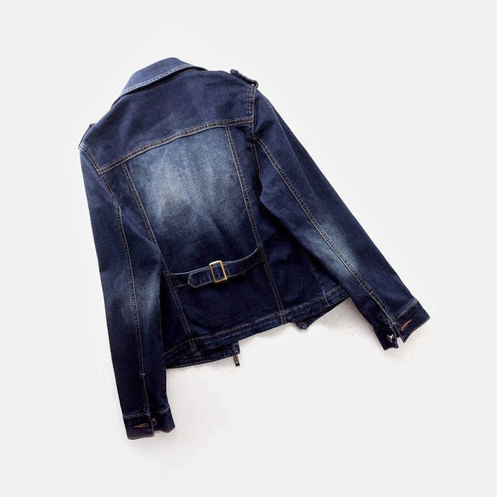 Women's Washed Belted Moto-Style Denim Jacket