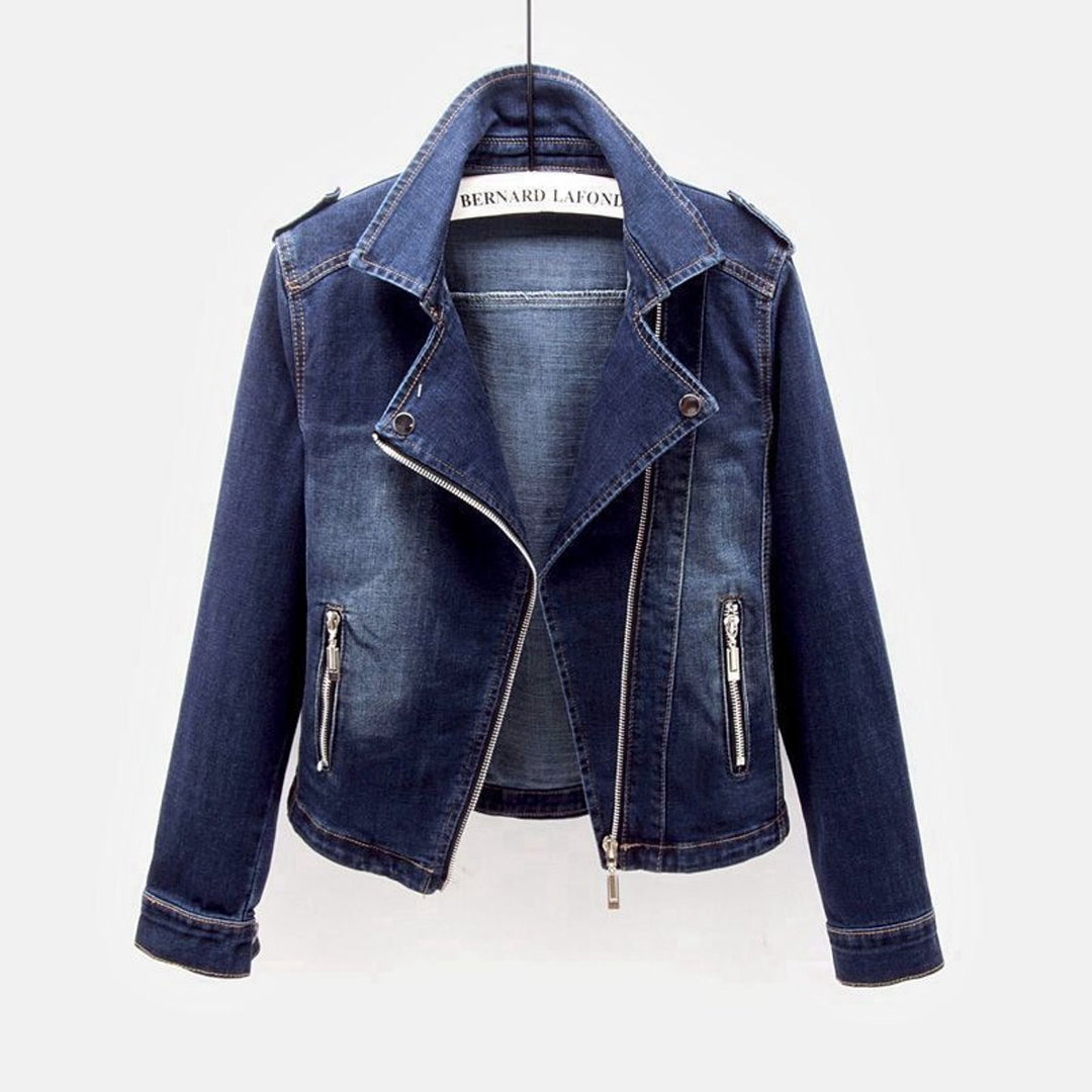 Women's Washed Belted Moto-Style Denim Jacket