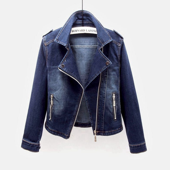 Women's Washed Belted Moto-Style Denim Jacket