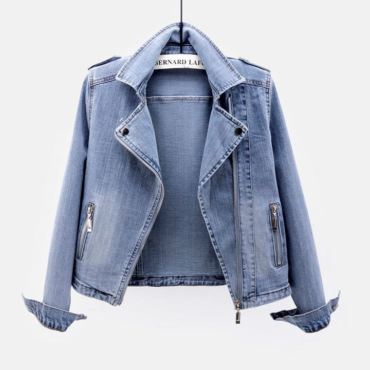Women's Washed Belted Moto-Style Denim Jacket