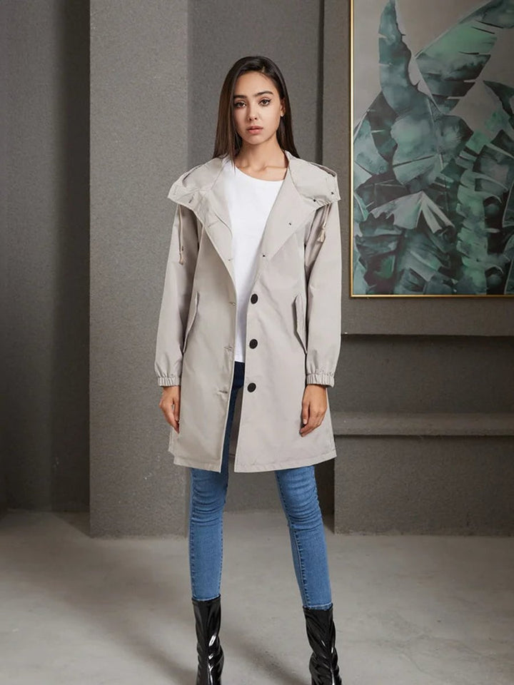 Women's Water-Resistant Hooded Button-Front Trench Coat