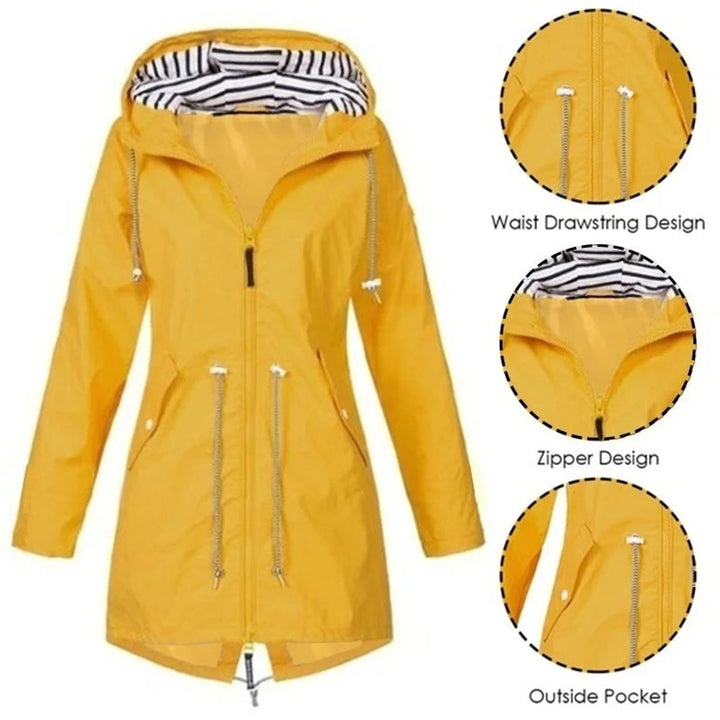 Women's Waterproof Hooded Drawstring Zip-Up Trench Coat