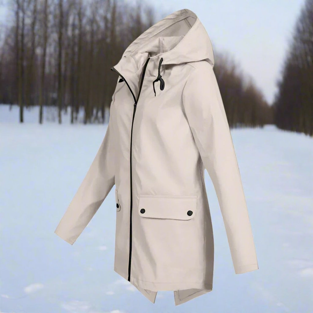 Women's Waterproof Hooded Zip-Up Longline Trench Coat Adjustable Cuffs