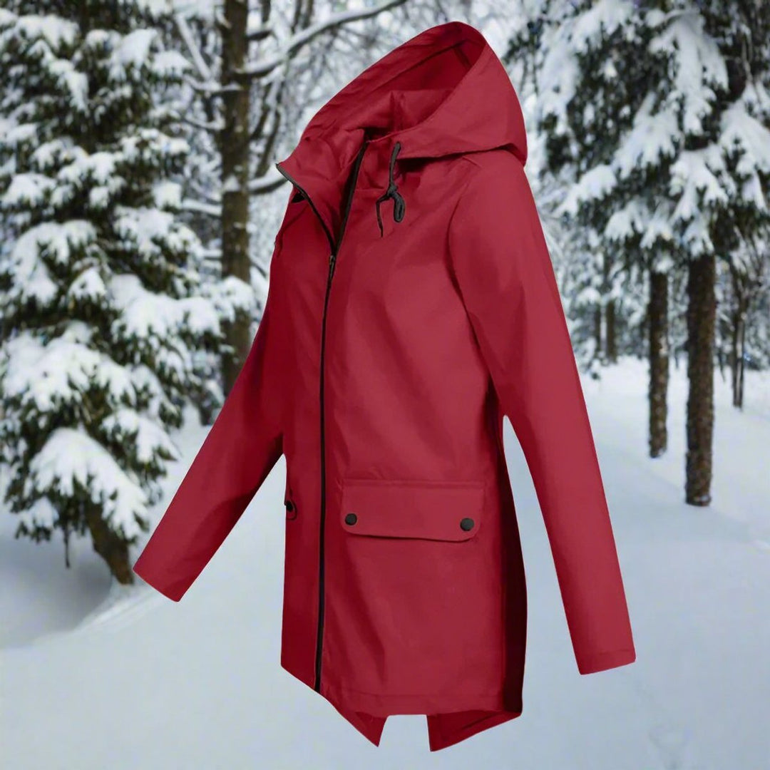 Women's Waterproof Hooded Zip-Up Longline Trench Coat Adjustable Cuffs