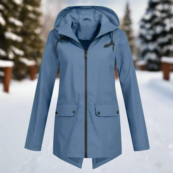 Women's Waterproof Hooded Zip-Up Longline Trench Coat Adjustable Cuffs - Blue
