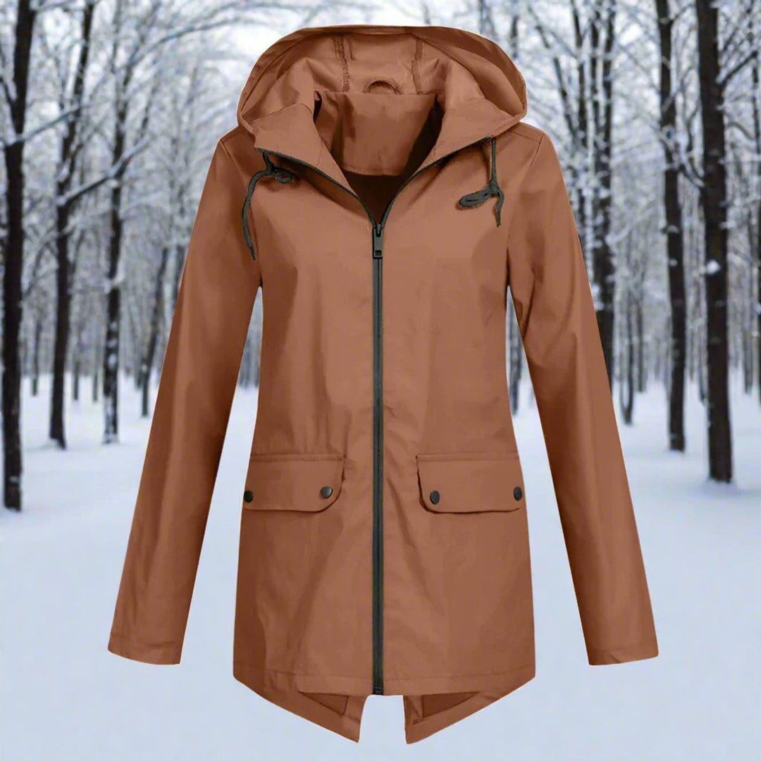 Women's Waterproof Hooded Zip-Up Longline Trench Coat Adjustable Cuffs - Coffee