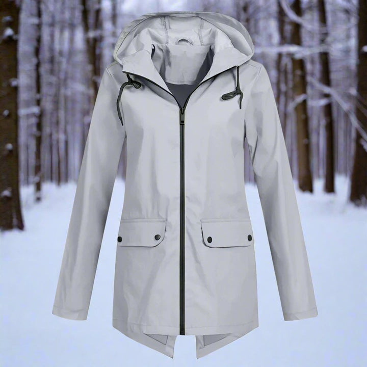 Women's Waterproof Hooded Zip-Up Longline Trench Coat Adjustable Cuffs - Grey