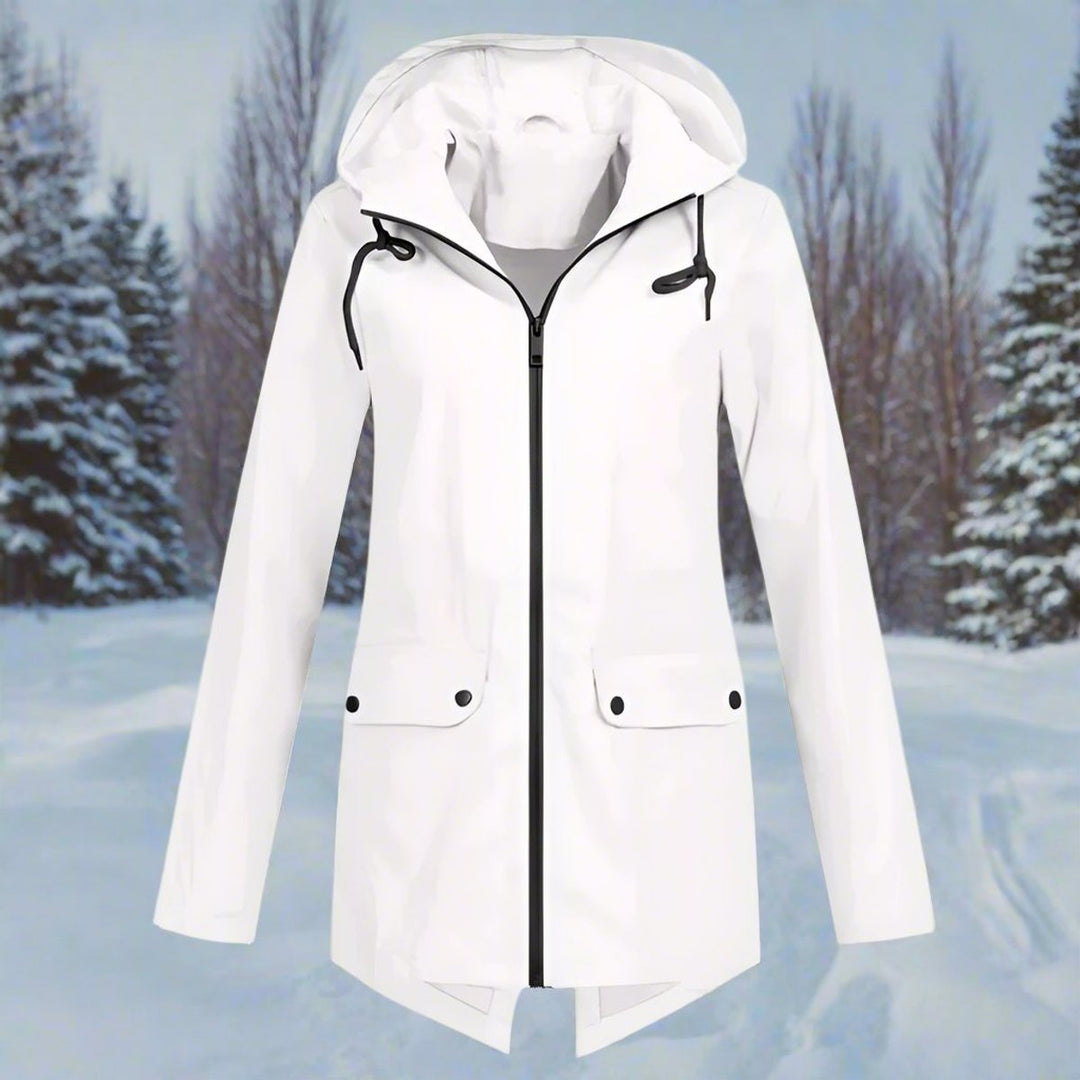 Women's Waterproof Hooded Zip-Up Longline Trench Coat Adjustable Cuffs - White