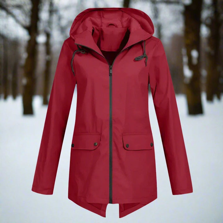 Women's Waterproof Hooded Zip-Up Longline Trench Coat Adjustable Cuffs - Wine Red