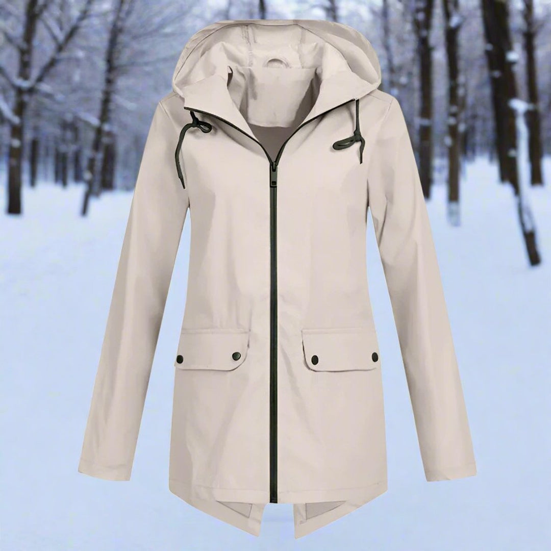 Women's Waterproof Hooded Zip-Up Longline Trench Coat Adjustable Cuffs - Apricot