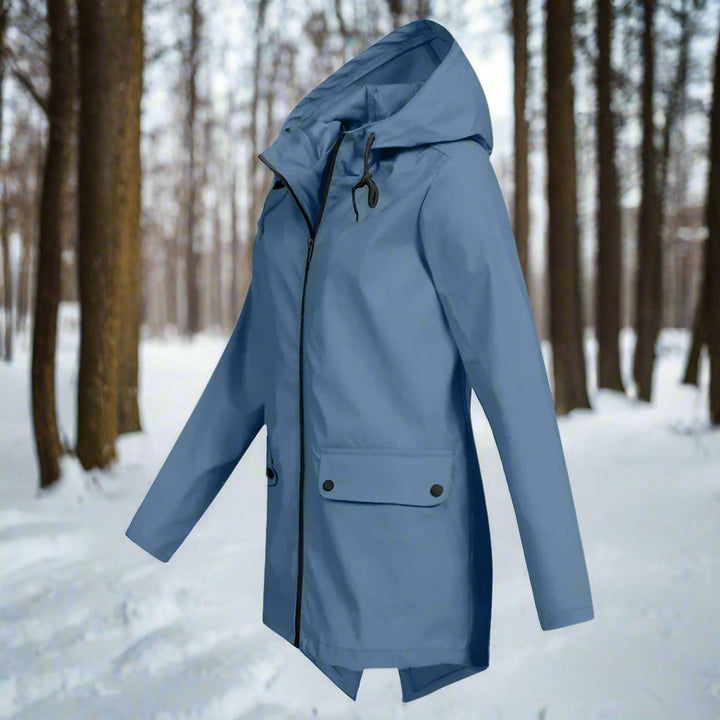 Women's Waterproof Hooded Zip-Up Longline Trench Coat Adjustable Cuffs