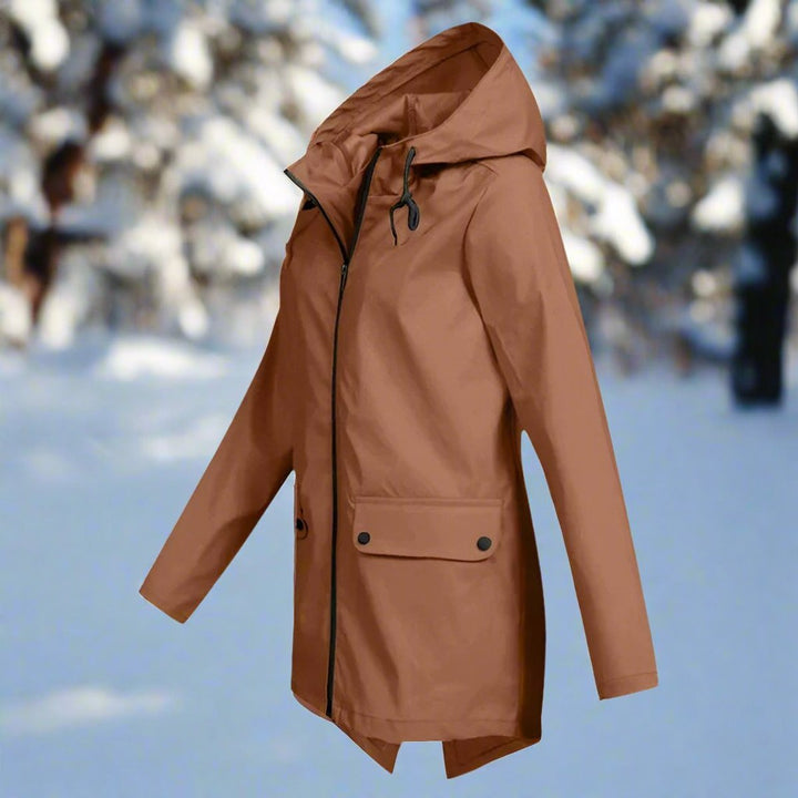 Women's Waterproof Hooded Zip-Up Longline Trench Coat Adjustable Cuffs