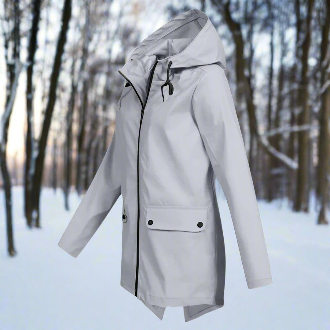 Women's Waterproof Hooded Zip-Up Longline Trench Coat Adjustable Cuffs